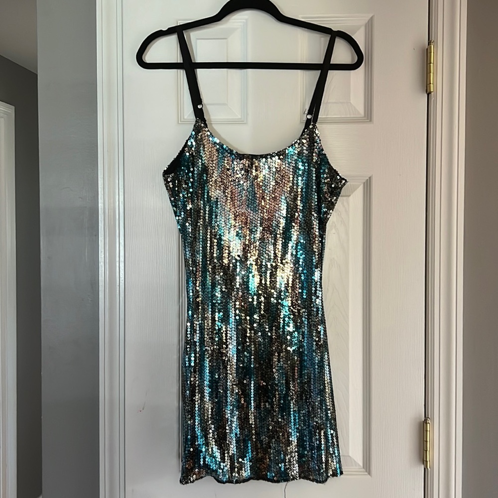 Black and teal mini dress